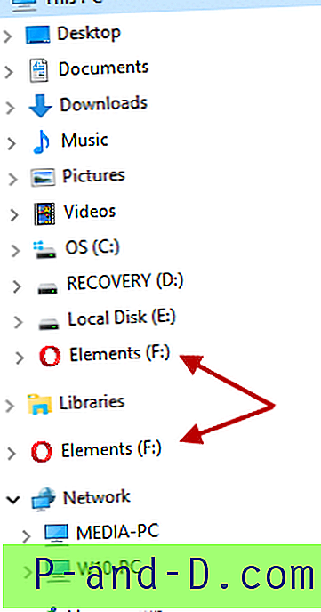 Išoriniai diskai, išvardyti du kartus (dubliuoti) „File Explorer“ naršymo srityje