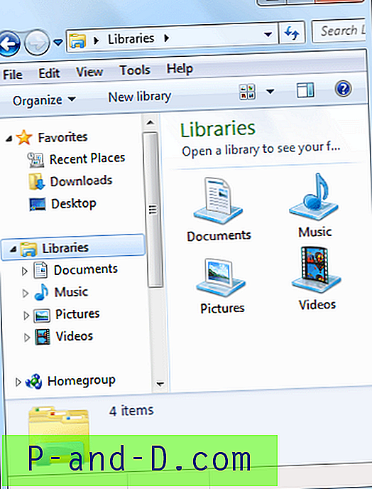 รายการไลบรารีภายใต้เดสก์ท็อปในบานหน้าต่างนำทางใน Windows 7