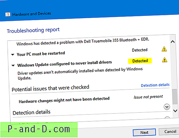 „Windows Update, mis on konfigureeritud kunagi draivereid installima” tuvastas tõrkeotsija