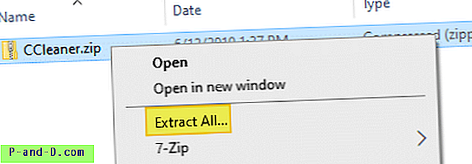 Atkurkite komandą „Extract All“ .zip failams Dešiniuoju pelės mygtuku spustelėkite meniu