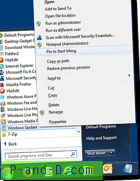 Kuidas kinnitada Windows Update'i ikoon menüüsse Start ja tegumiribale Windows 7?
