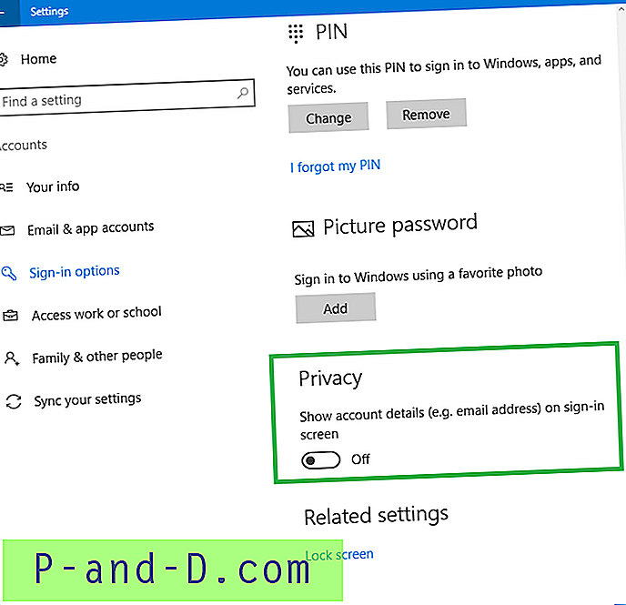 Sådan skjules e-mail-adresse fra loginskærmen i Windows 10?