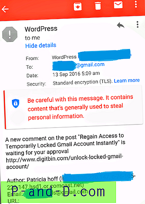 „Gmail“ įspėjimas - „būkite atsargūs su šia žinia.  Turinys pavogė asmeninę informaciją.
